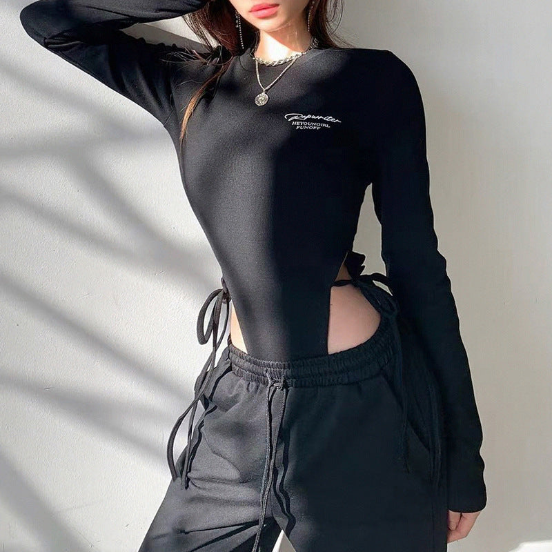 Sexy Slim-fit Tie-waisted Letter Print One-piece Bottoming Long-sleeved Top