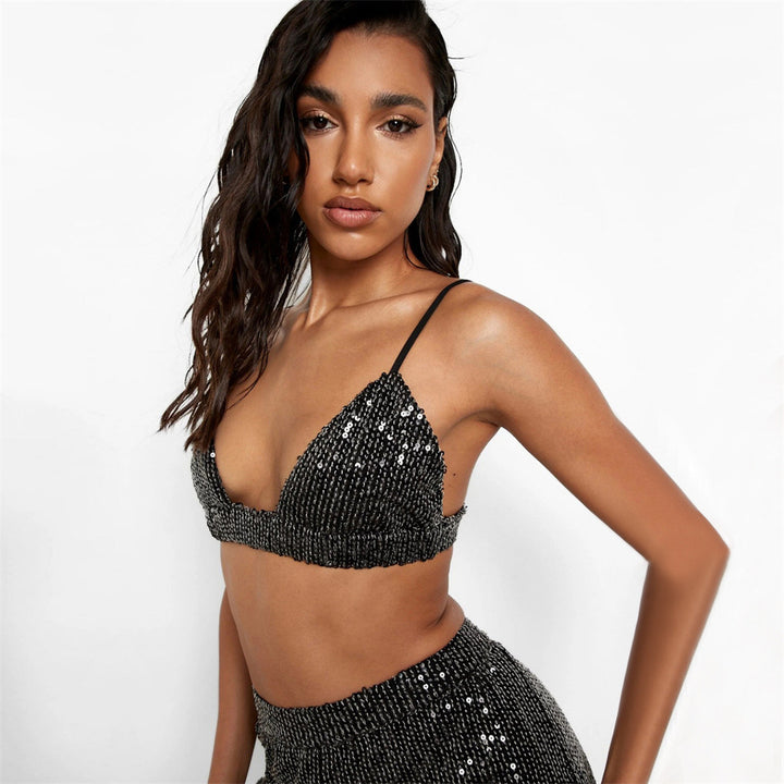Sequined Long-sleeved Shirt Women's V-neck Vest Straight-leg Pants Three-piece Set