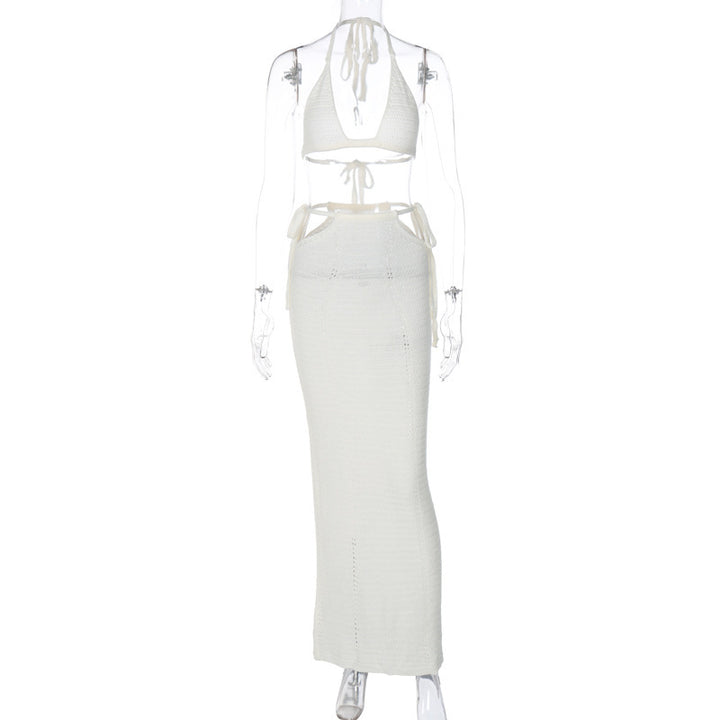 Halter Chest Wrap Hollow Out Stitching Self-tie Dress Suit