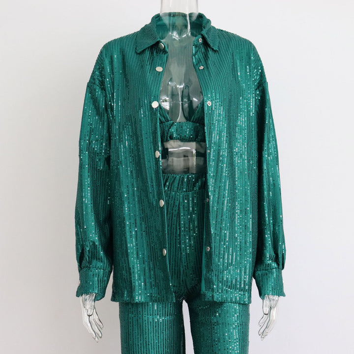 Sequined Long-sleeved Shirt Women's V-neck Vest Straight-leg Pants Three-piece Set