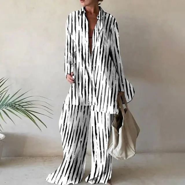 Loose Striped Pants Set with Long Sleeve Top