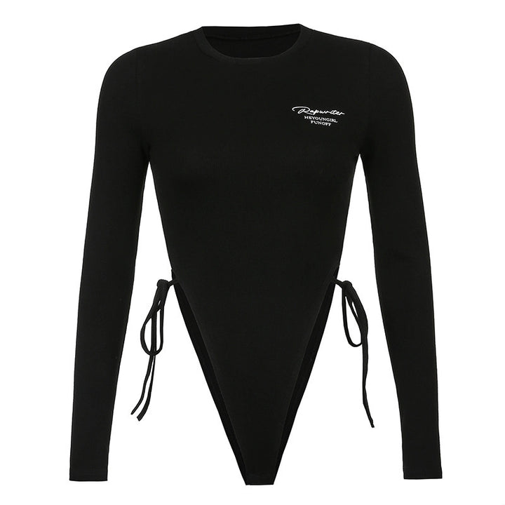 Sexy Slim-fit Tie-waisted Letter Print One-piece Bottoming Long-sleeved Top
