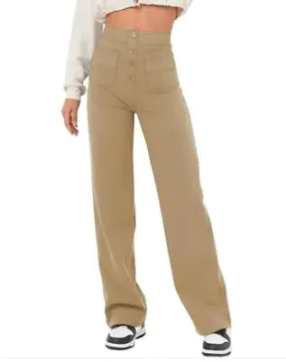 High-Waist Wide Leg Women's Pants with Button Closure