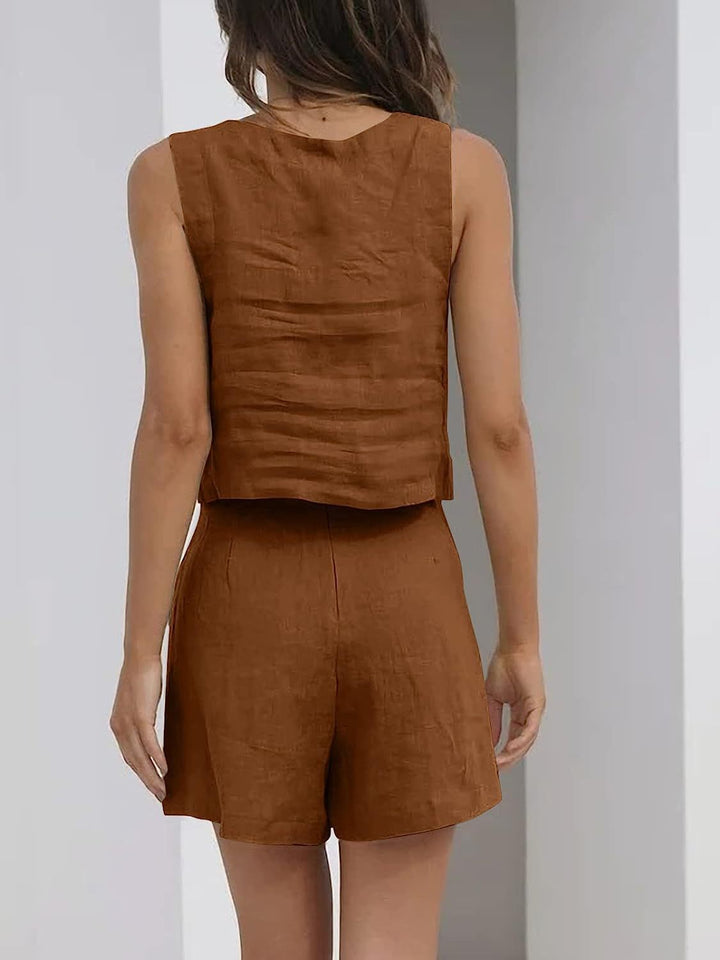 Casual Cotton Linen Sleeveless Square Collar Top Two-piece Shorts Suit
