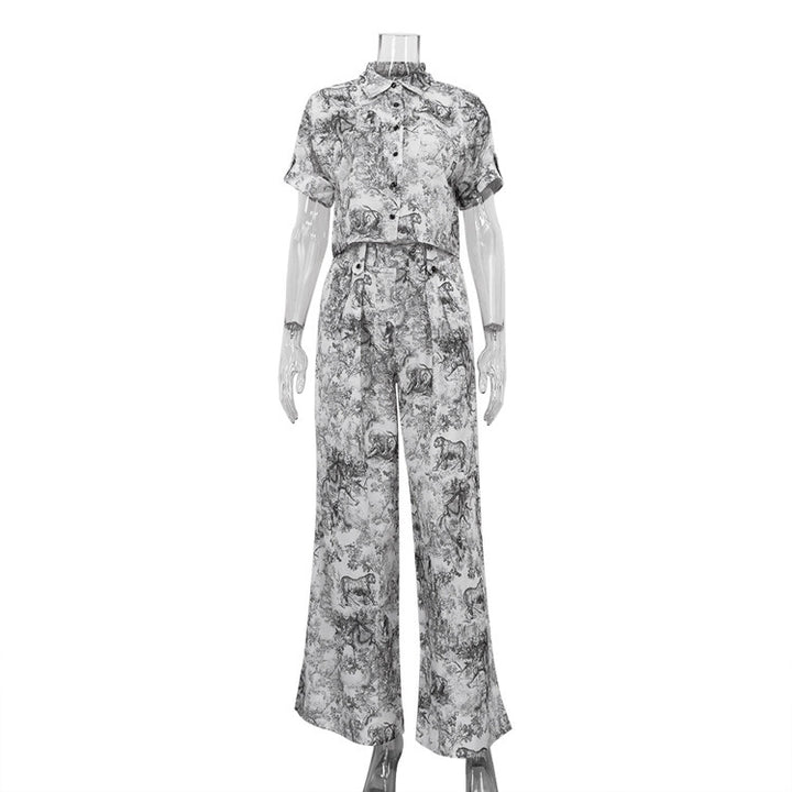 Ink Painting Printing Lapel Short Shirt High Waist Wide Leg Pants Two-piece Set