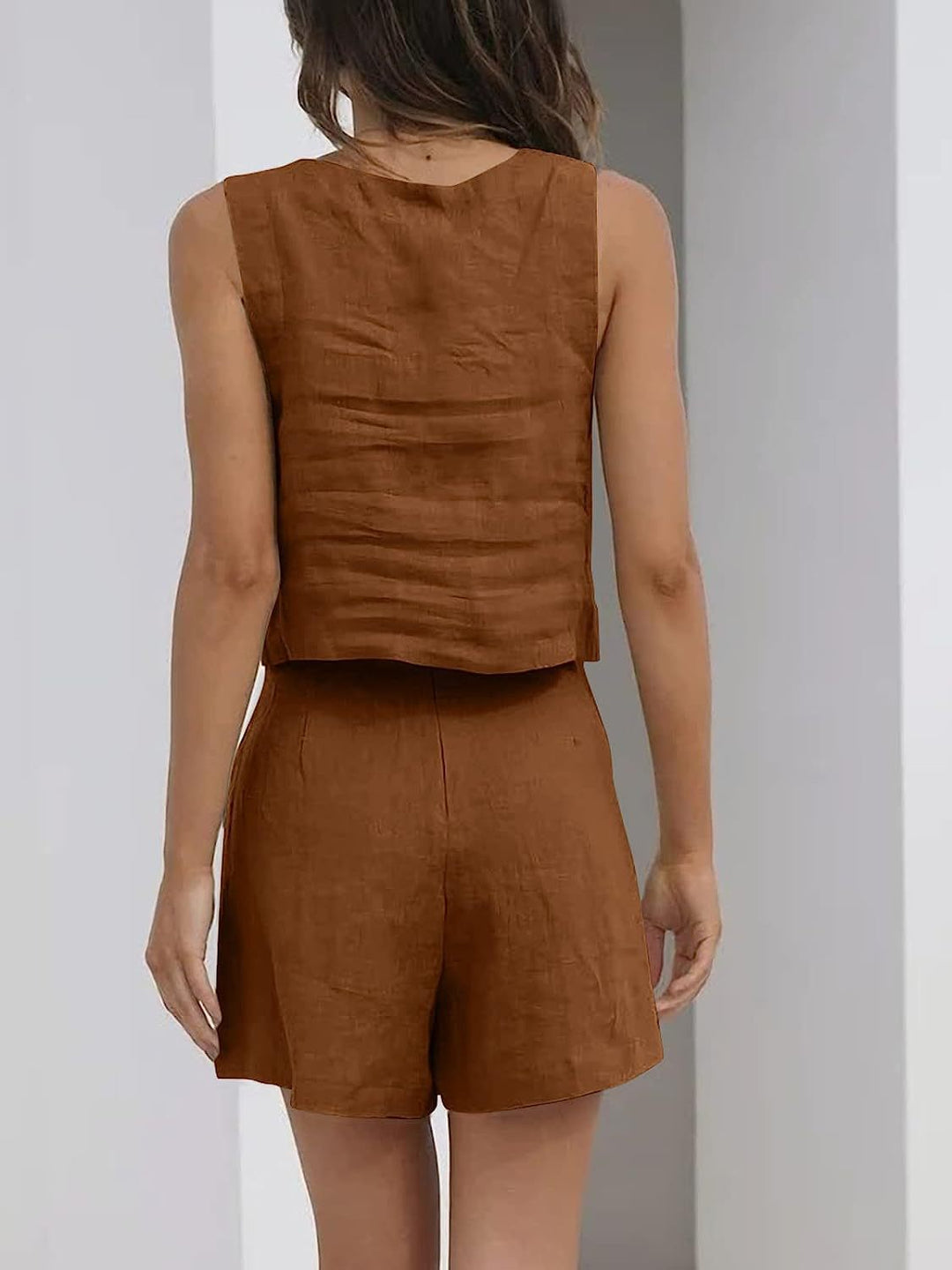 Casual Cotton Linen Sleeveless Square Collar Top Two-piece Shorts Suit