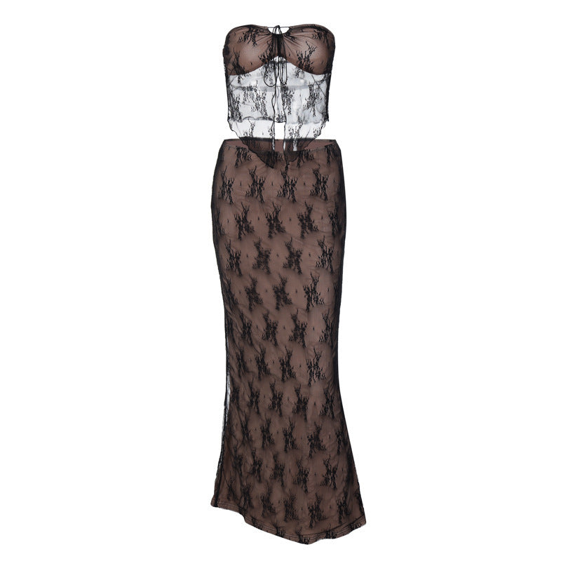 Lace Stitching Wrapped Chest Sheath Dress Suit