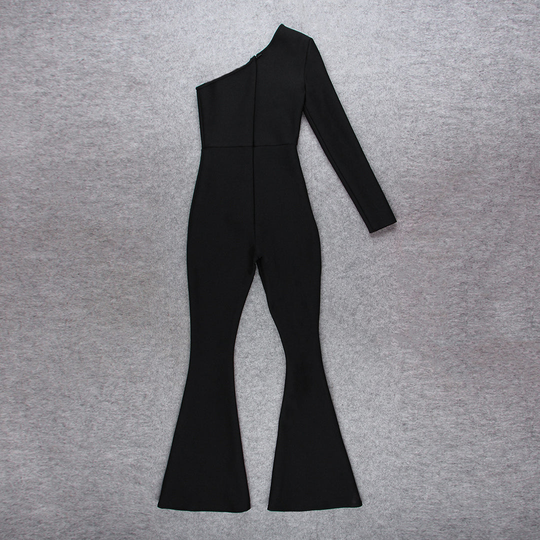 High-waisted One-shoulder Jumpsuit, Hip-covered Mesh Diamond Flared Trousers