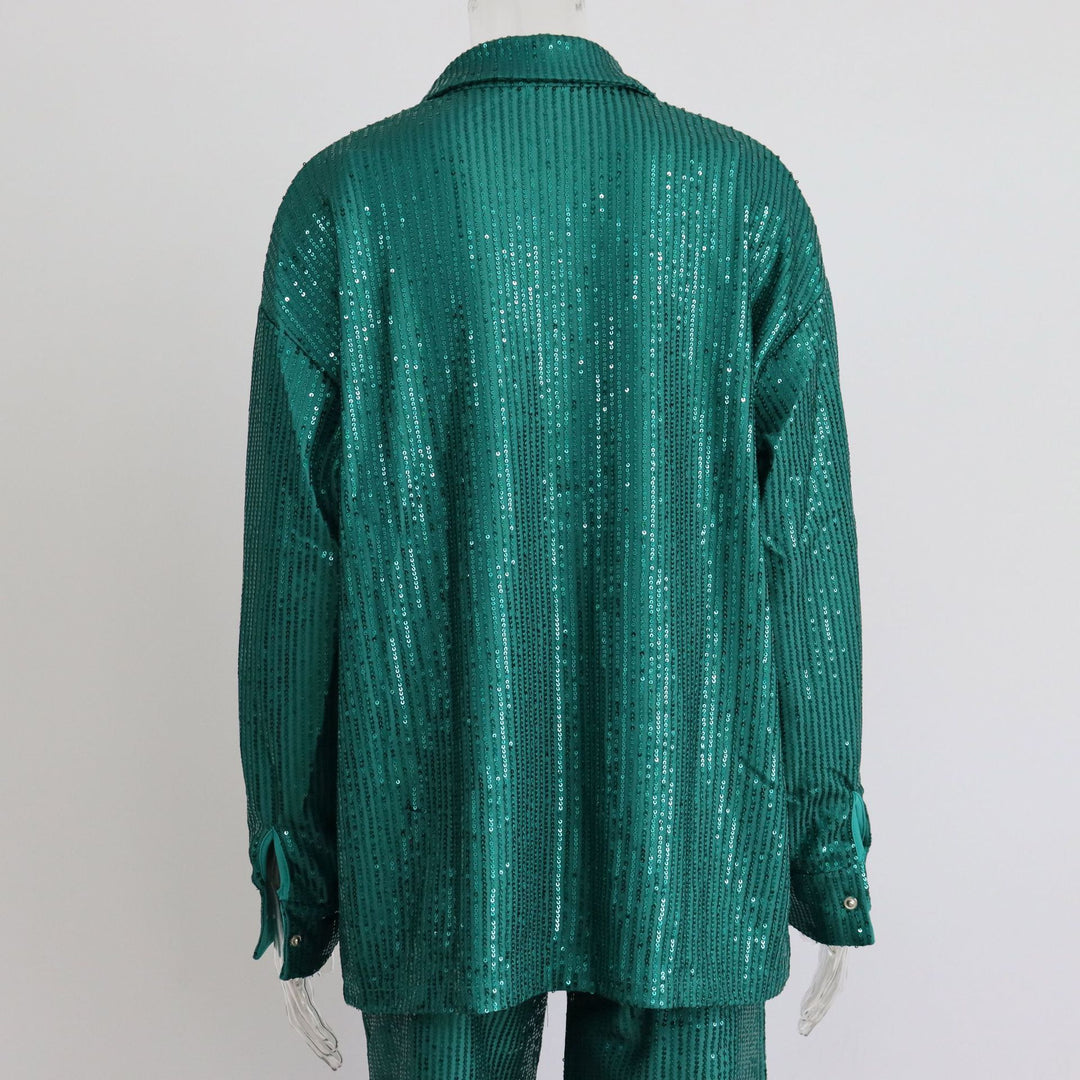 Sequined Long-sleeved Shirt Women's V-neck Vest Straight-leg Pants Three-piece Set