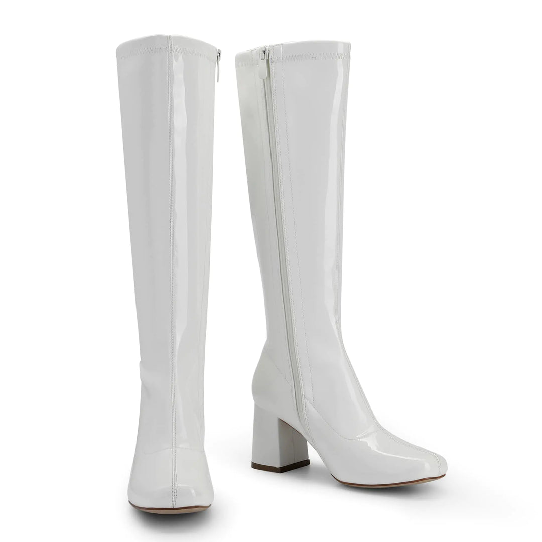 DREAM PAIRS Women's Gogo Boots, Square Toe Chunky Knee High Boots For Women 10 White/Patent/Pu