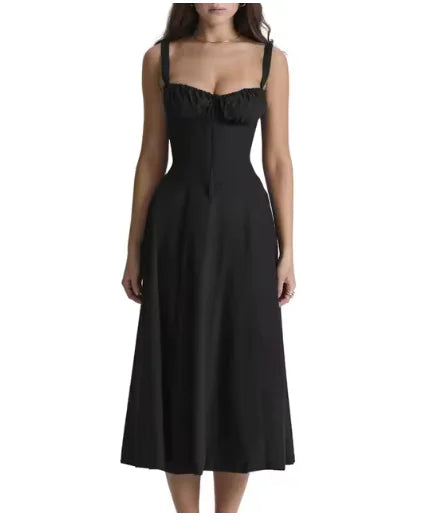 Elegant Midi Dress for Women – Sleeveless Corset Bandeau with Lace-Up and Side Split Hem