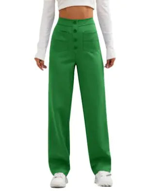 High-Waist Wide Leg Women's Pants with Button Closure