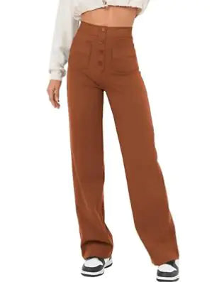 High-Waist Wide Leg Women's Pants with Button Closure