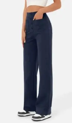 High-Waist Wide Leg Women's Pants with Button Closure