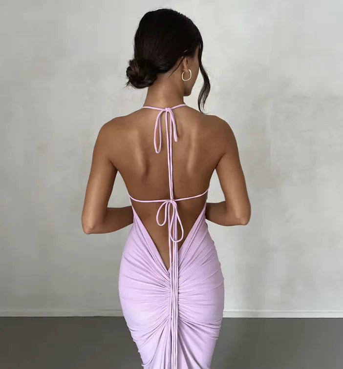 Elegant Backless Spaghetti Strap Maxi Dress - Sexy Ruched Summer Party Outfit for Women