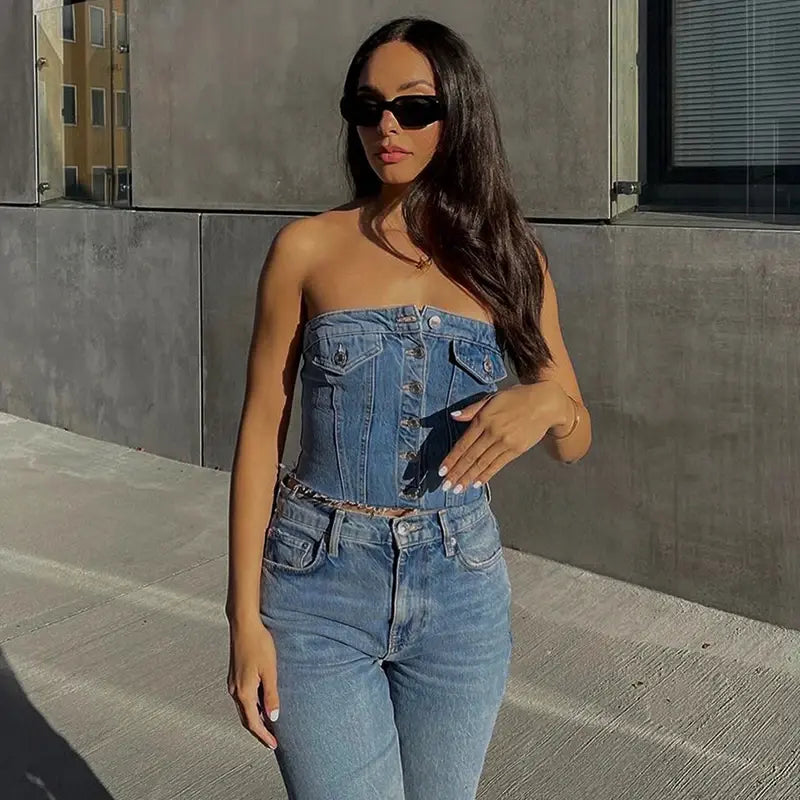 Denim Button Vest Crop Top