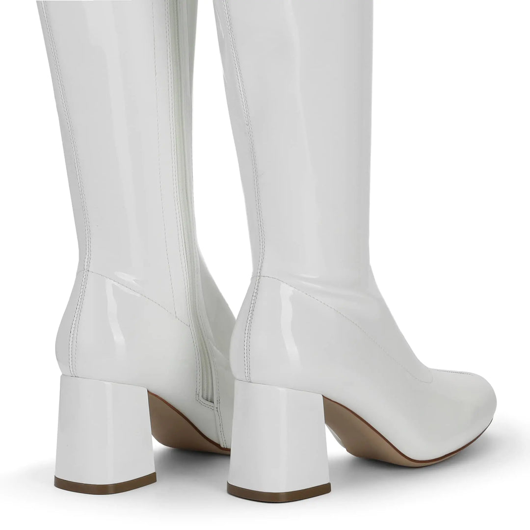 DREAM PAIRS Women's Gogo Boots, Square Toe Chunky Knee High Boots For Women 10 White/Patent/Pu