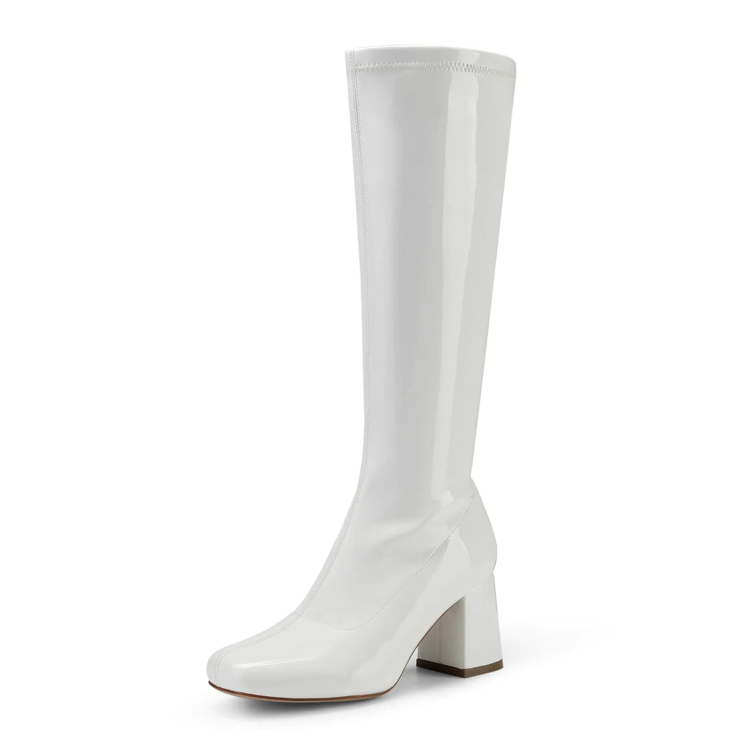 DREAM PAIRS Women's Gogo Boots, Square Toe Chunky Knee High Boots For Women 10 White/Patent/Pu