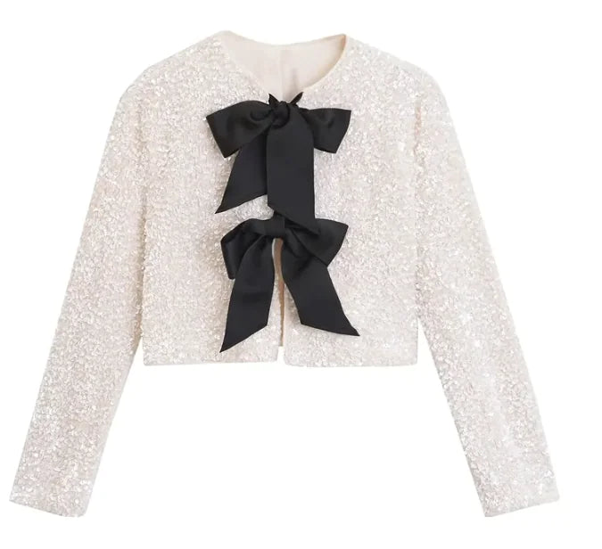 Versatile Bowknot Decoration Sequined Short Coat