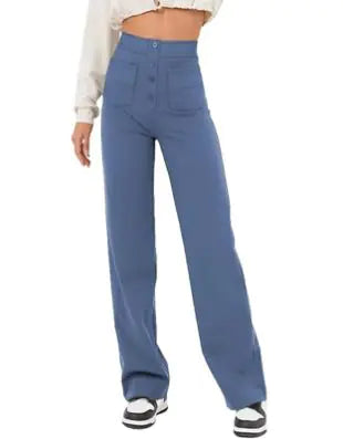 High-Waist Wide Leg Women's Pants with Button Closure