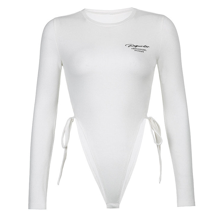Sexy Slim-fit Tie-waisted Letter Print One-piece Bottoming Long-sleeved Top
