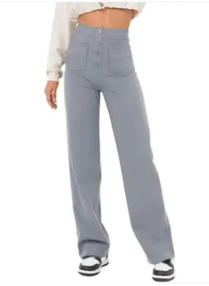 High-Waist Wide Leg Women's Pants with Button Closure