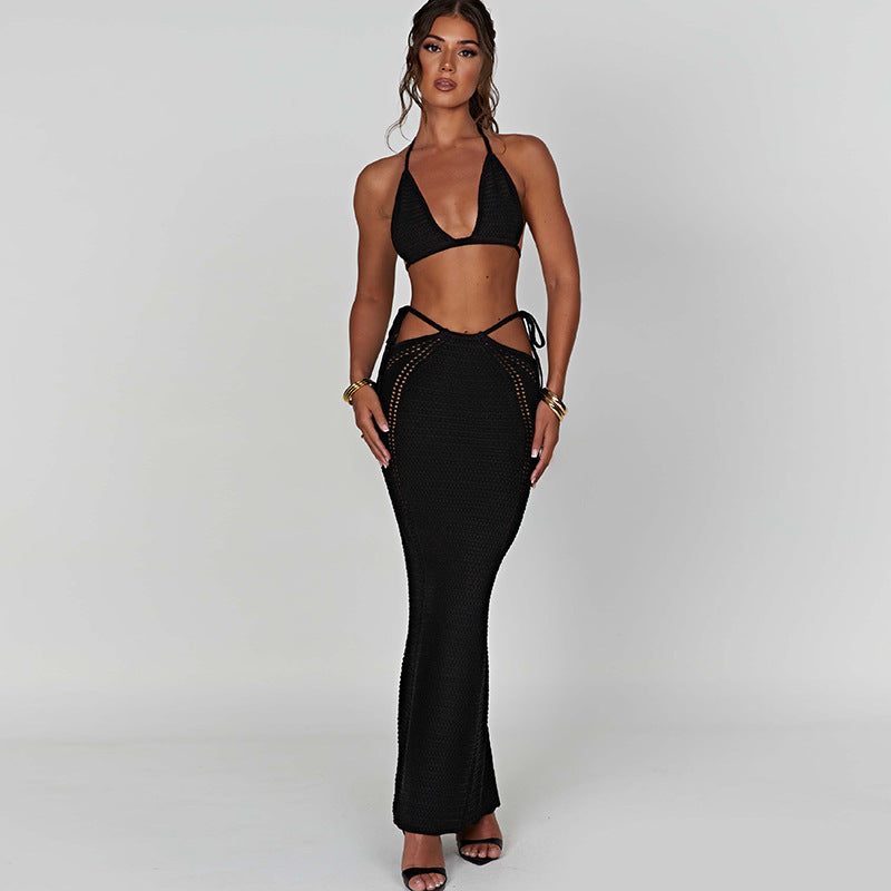 Halter Chest Wrap Hollow Out Stitching Self-tie Dress Suit