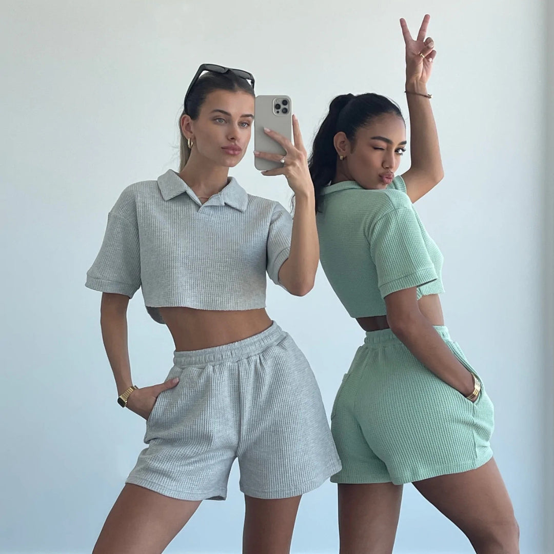 Women's Casual Polo Collar Short Solid Color Two-piece Set