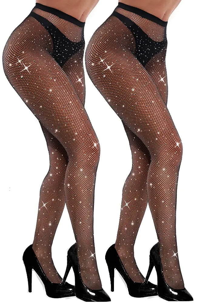 Sparkly Fishnets Stockings with Rhinestone - One Size 2 Pack