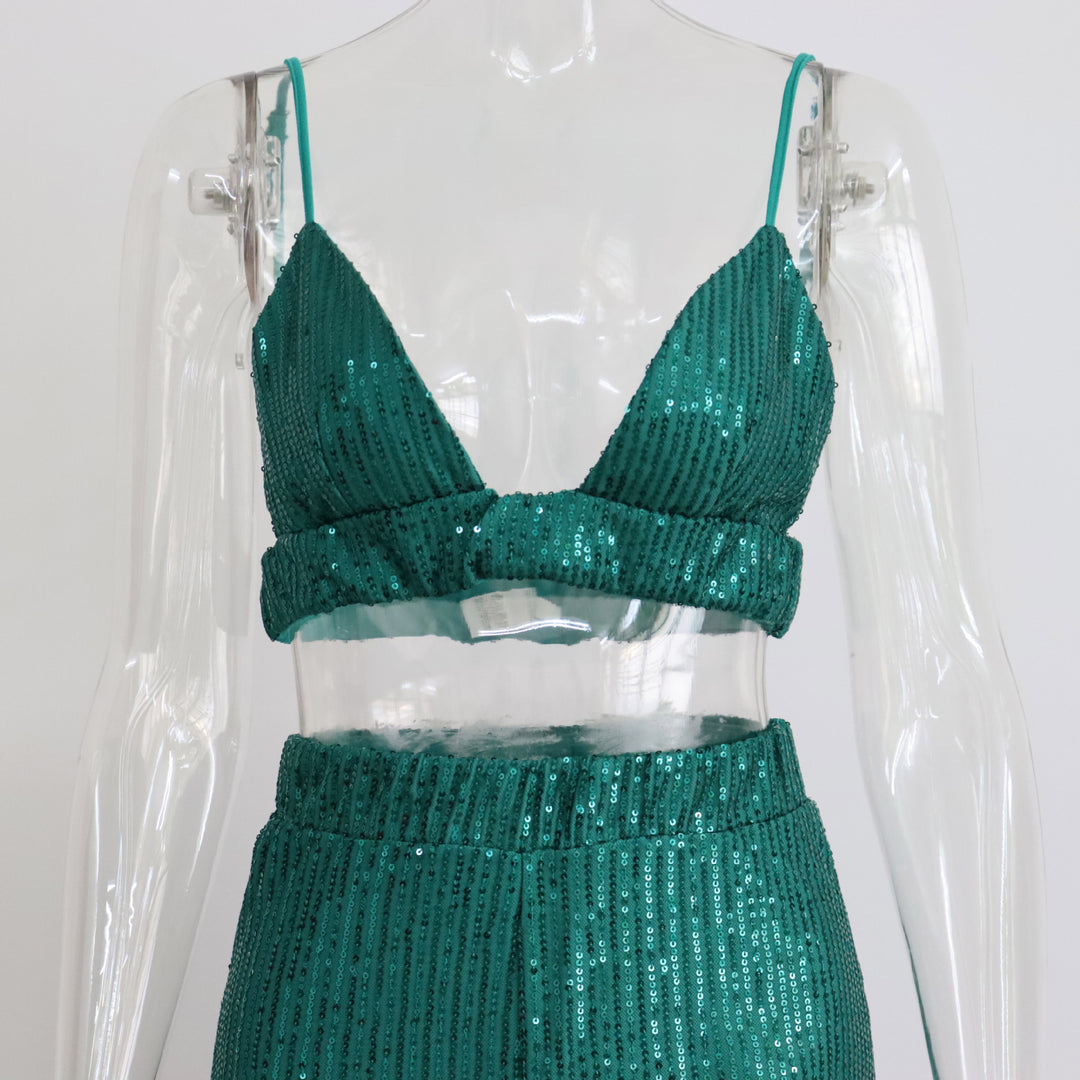 Sequined Long-sleeved Shirt Women's V-neck Vest Straight-leg Pants Three-piece Set