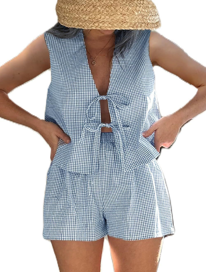 Lace-up Vest Elastic Waist Shorts Suit