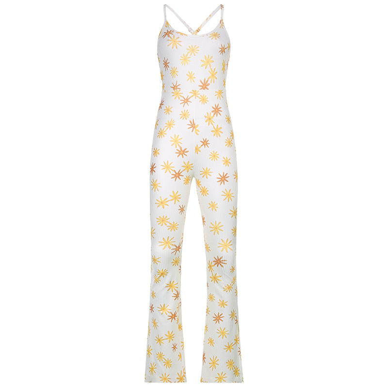 New Style European And American Printed Sling Split Jumpsuit