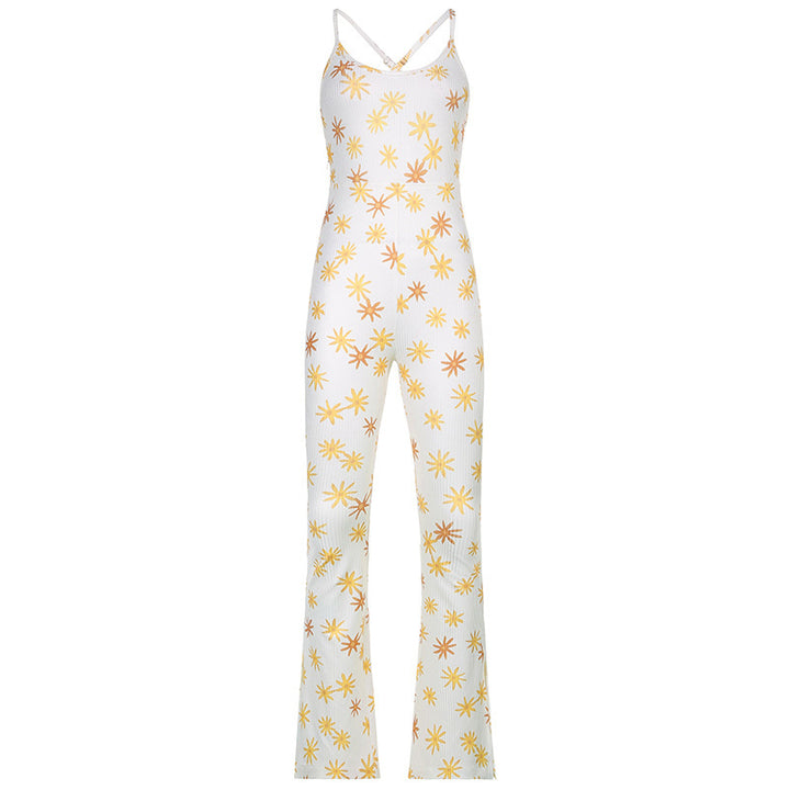 New Style European And American Printed Sling Split Jumpsuit