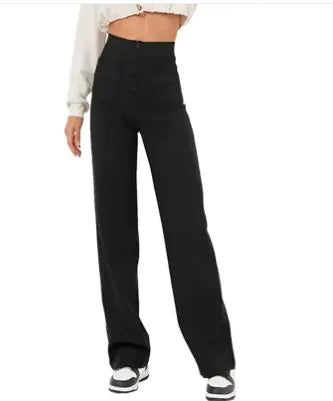 High-Waist Wide Leg Women's Pants with Button Closure