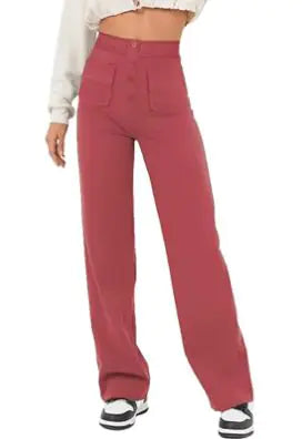 High-Waist Wide Leg Women's Pants with Button Closure