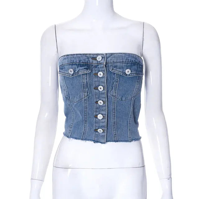 Denim Button Vest Crop Top