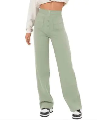 High-Waist Wide Leg Women's Pants with Button Closure